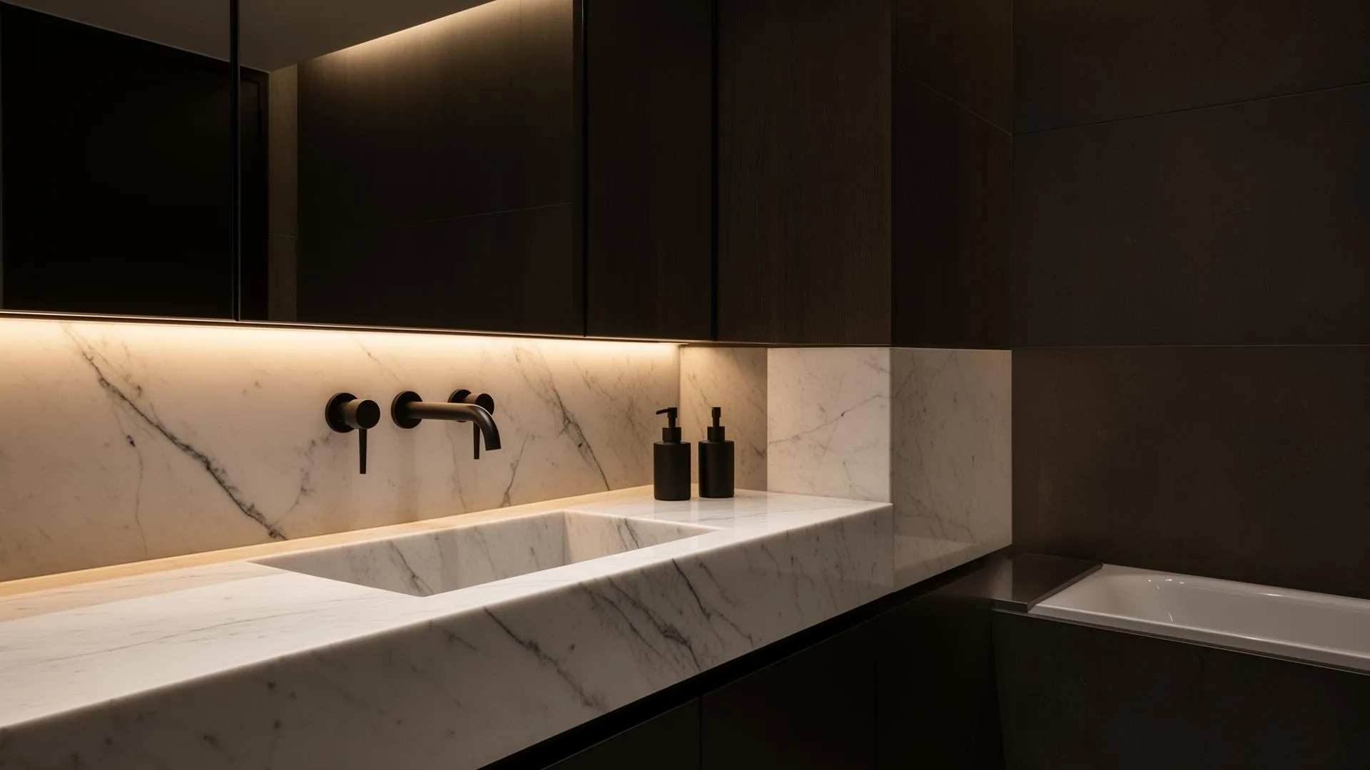 Luxury master bathroom remodel in Northern Virginia with marble tile, freestanding tub, and brass fixtures by Masters Touch