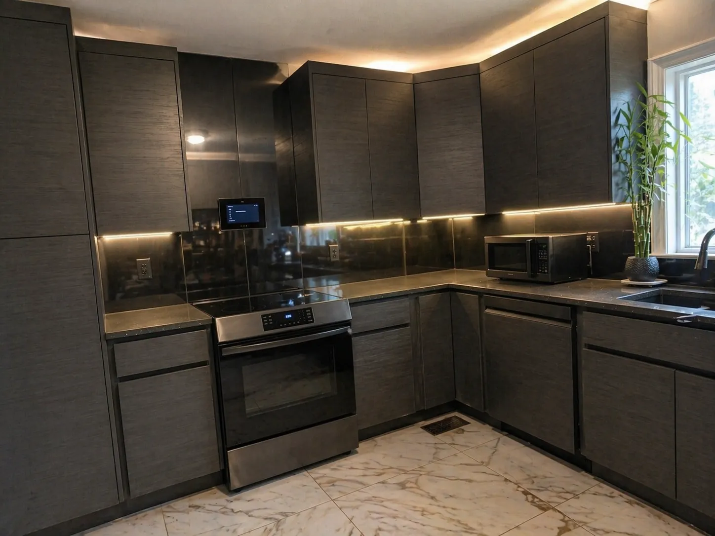 Modern kitchen remodel with dark cabinetry, LED accent lighting, and marble flooring in Richmond VA